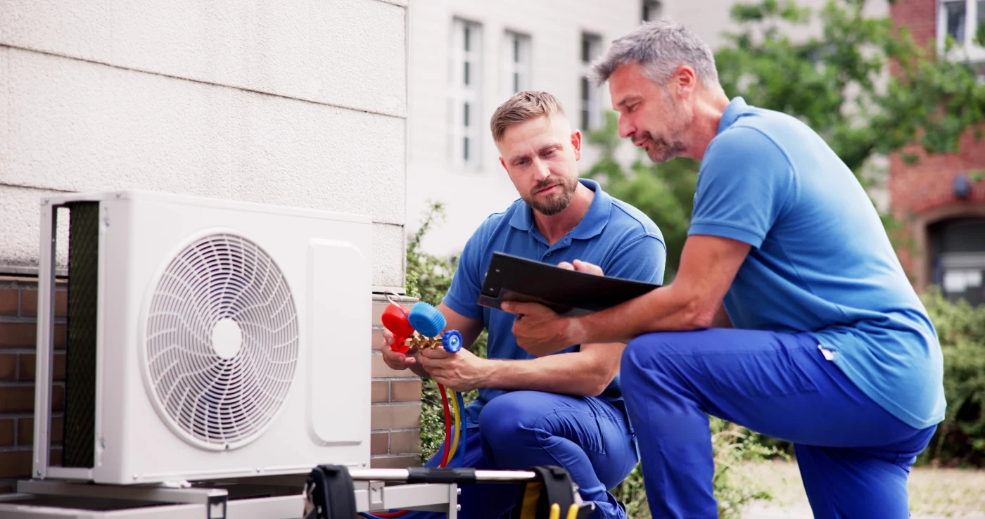 Priority Heating & Cooling techs work on heat pump in Twin Cities East Metro