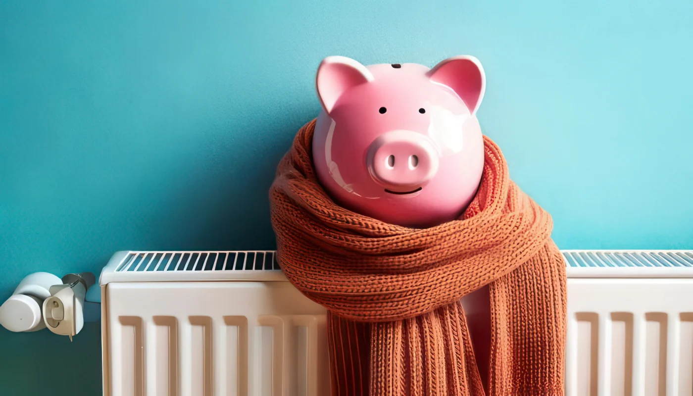 Financing | HVAC | Priority Heating & Cooling Piggy bank wrapped in scarf on top of radiator in East Twin Cities Metro