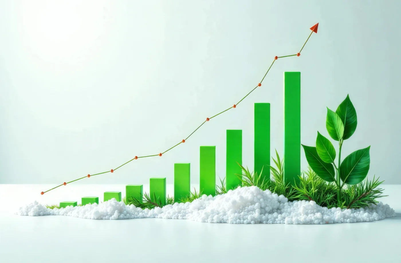 Green bar graph chart with green plant at the end