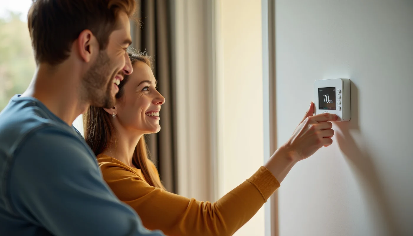 Happy Priority customers use their new smart HVAC technology while smiling | Priority Heating & Cooling
