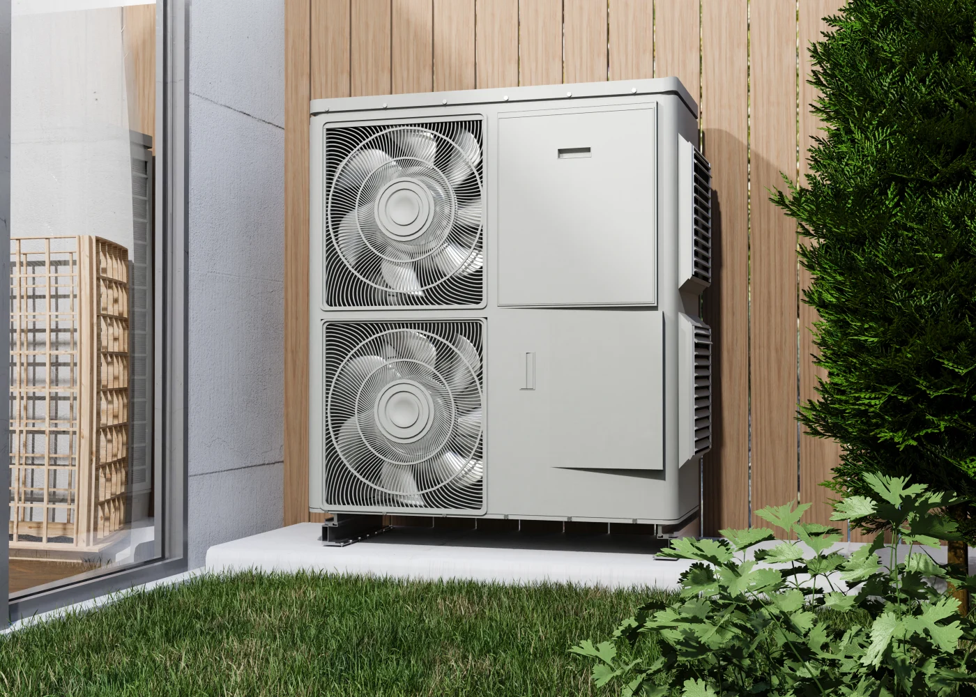 A nice new AC system is set up outside a house with brown panel fencing. There is a tree and a plant near the AC system.