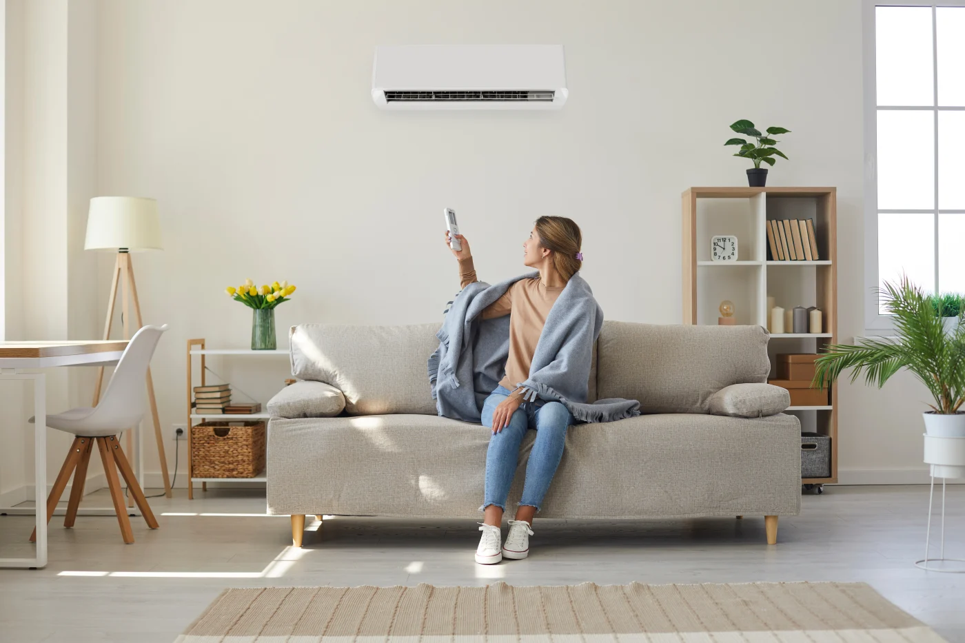 Woman adjusting heating system in home with remote