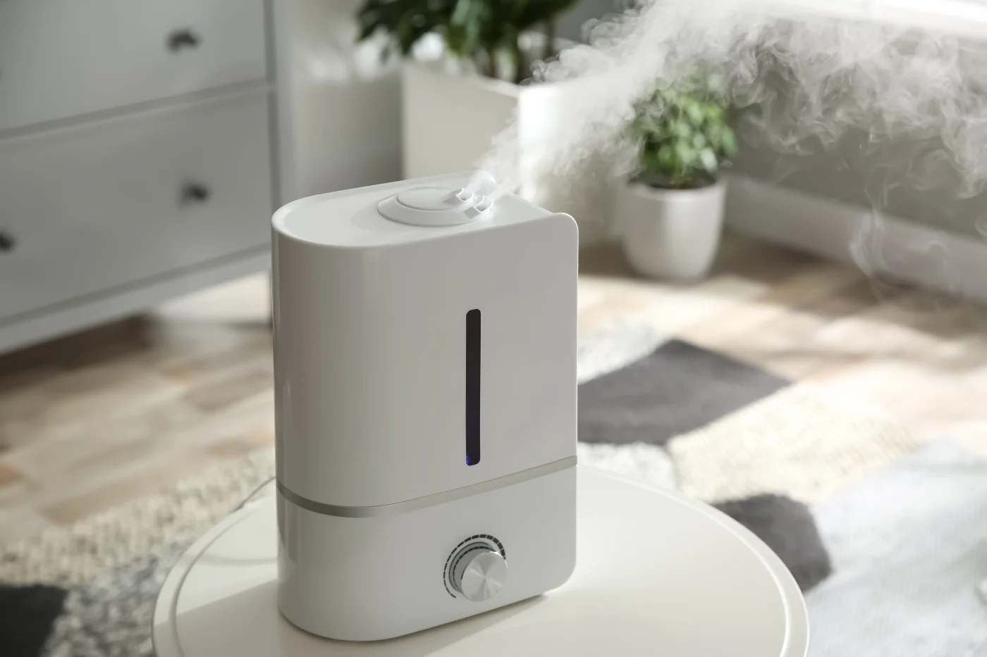 Humidifier blowing steam in living room