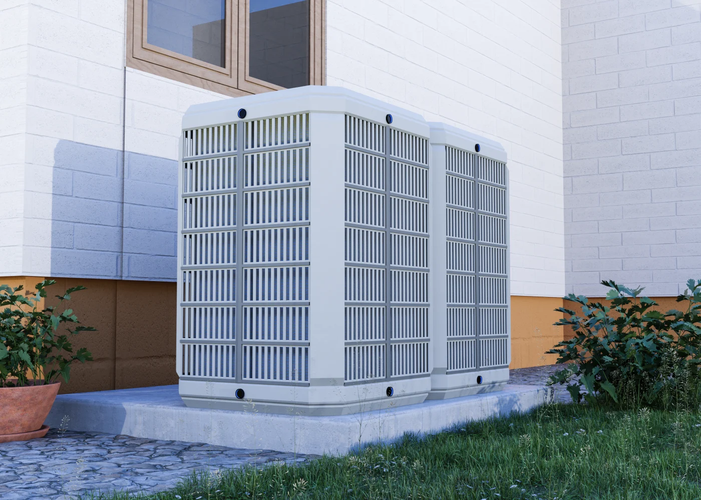 There is an air conditioning unit outside a home. It looks like it has been newly set up.