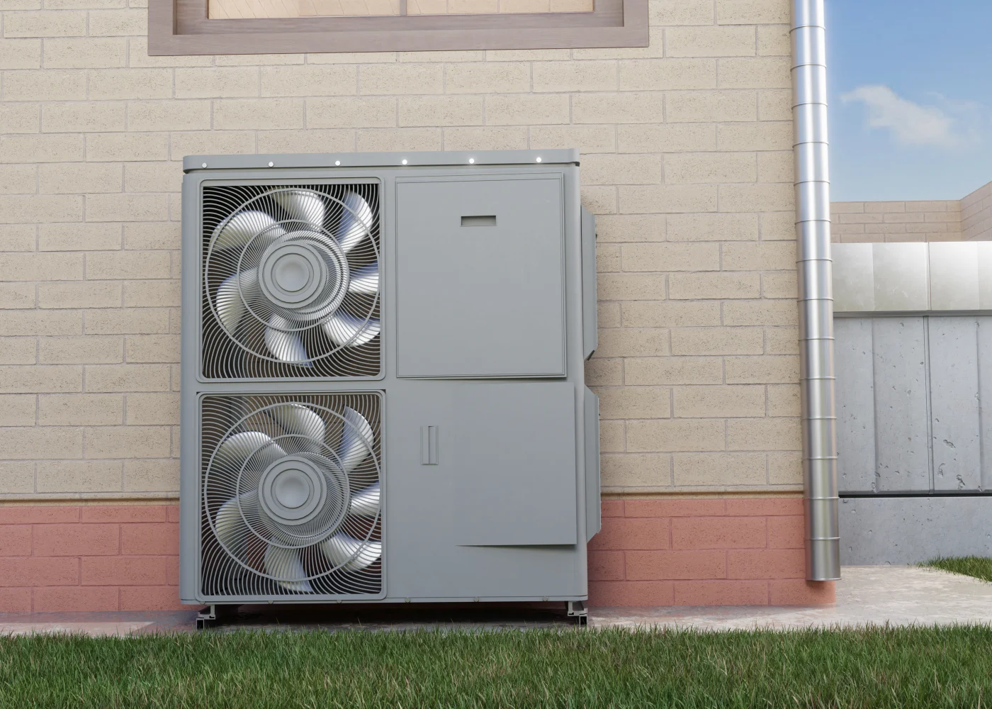A very nice-looking air conditioning unit is sitting on the ground near the outside of a house