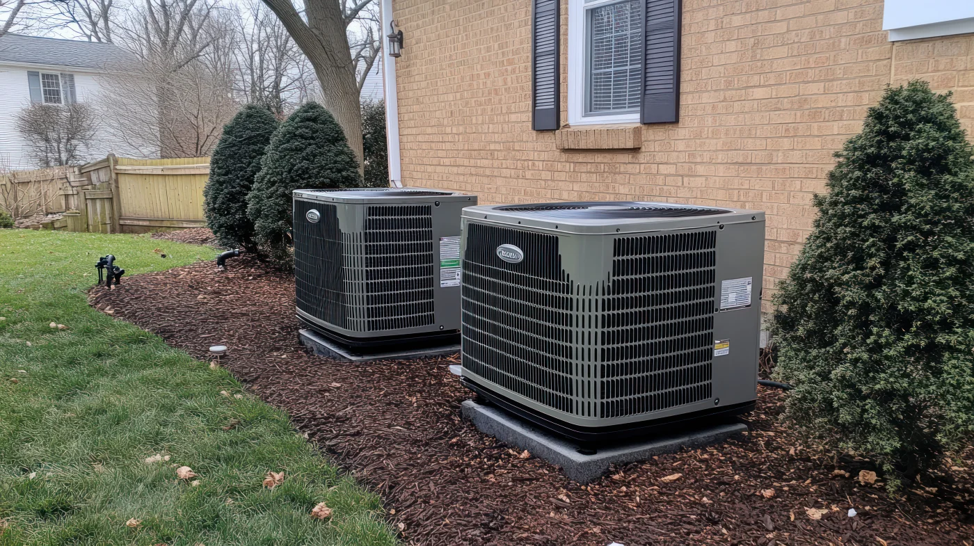 Two Outdoor Air Conditioning Units Installed In A Residential Yard. Two Outdoor Air Conditioning Units Installed In A Residential Yard.