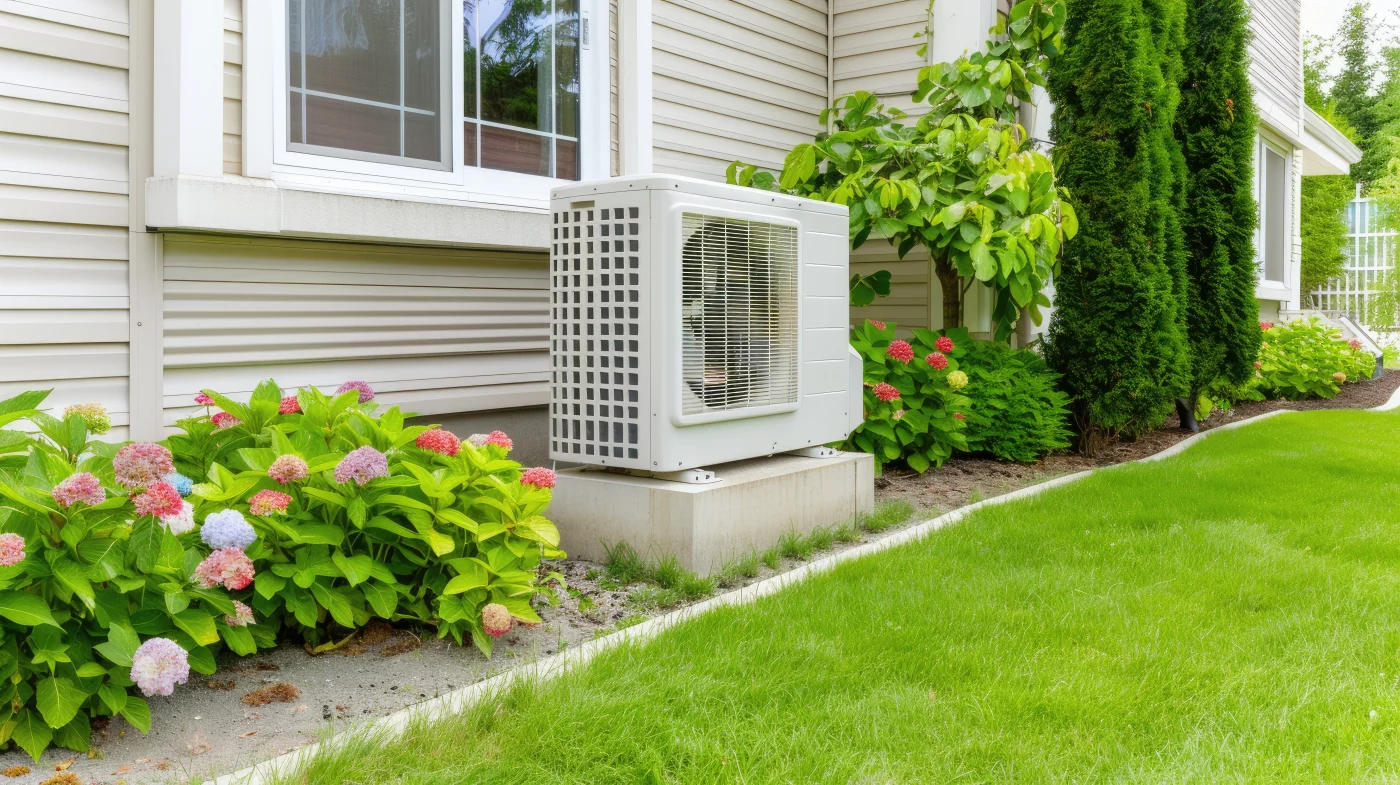 A beautifully landscaped home with a central AC unit located on the side of the house