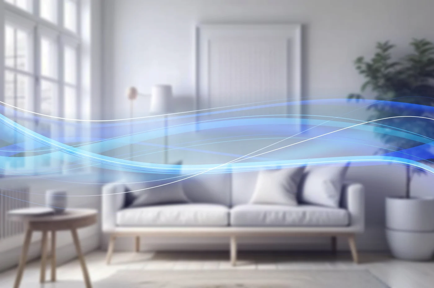 Blue and white wave-like lines flow across a bright living room with a sofa, coffee table, and potted plant, symbolizing clean and healthy indoor air