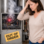 Homeowner stressed over a furnace breakdown in Roseville, MN, standing beside an out-of-order heating system emitting smoke and warning lights