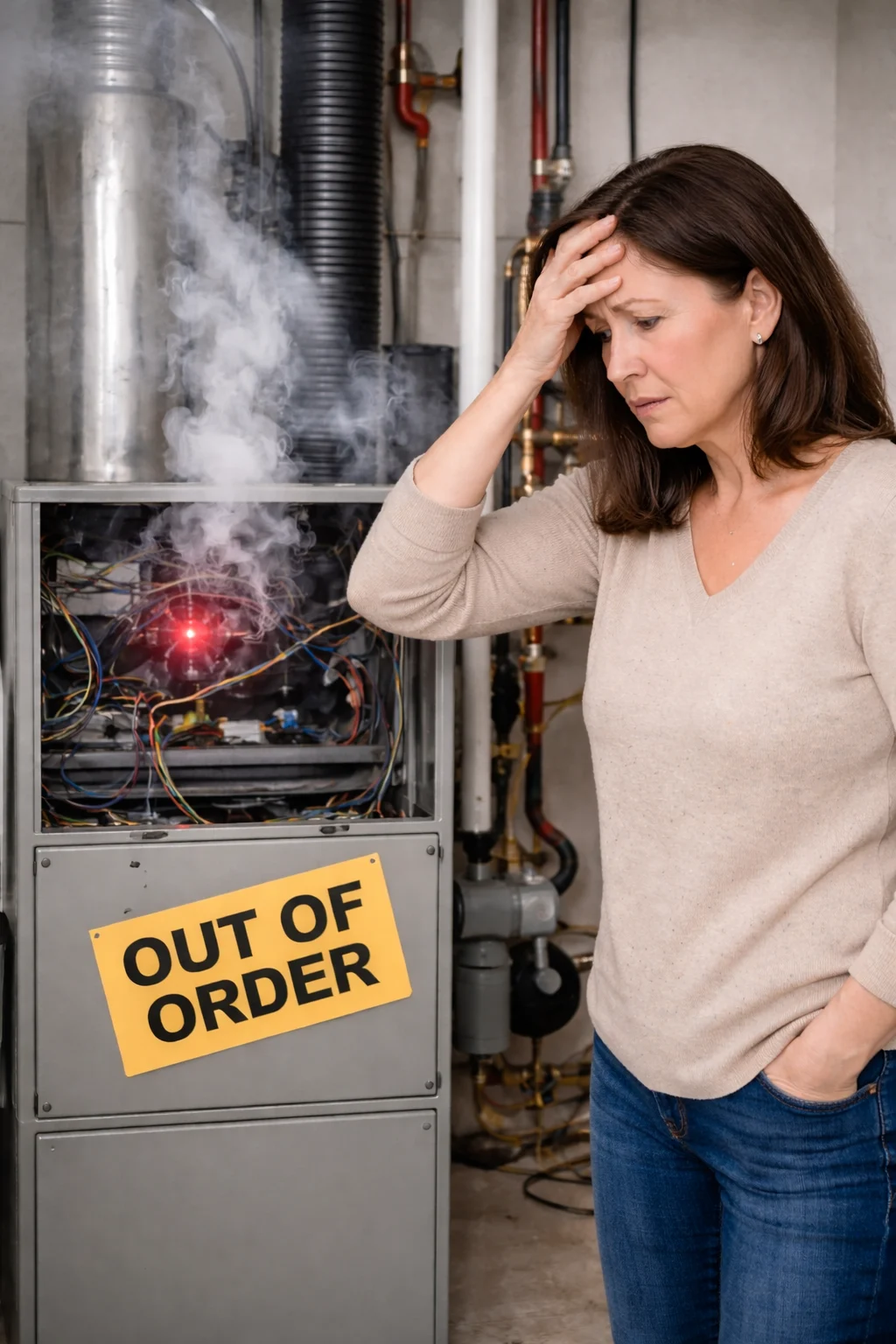Homeowner stressed over a furnace breakdown in Roseville, MN, standing beside an out-of-order heating system emitting smoke and warning lights