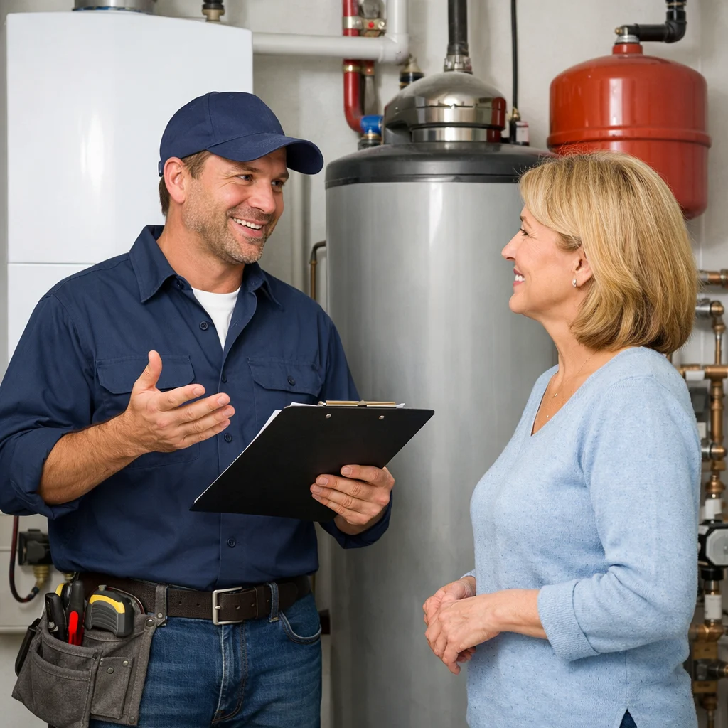 HVAC contractor from Priority Heating & Cooling discussing furnace replacement options with a homeowner in the East Twin Cities Metro, standing beside a modern heating system.