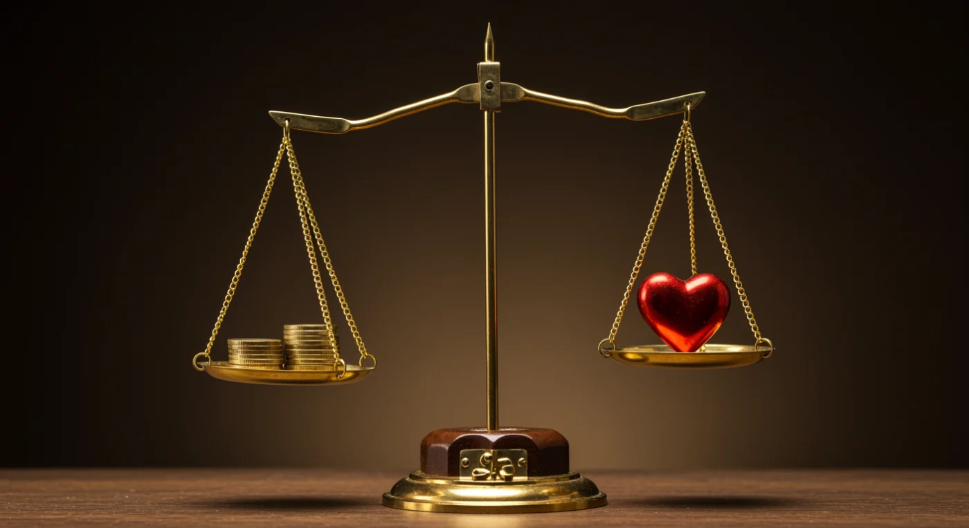 A golden balance scale on a wooden table with stacked coins on one side and a bright red heart on the other.