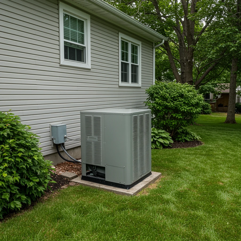 Amazing Heat Pump Installation | Lake Elmo, MN | Priority Heating and Cooling An outdoor heat pump unit installed on a concrete pad beside a vinyl-sided home, surrounded by green lawn, shrubs, and mature trees.