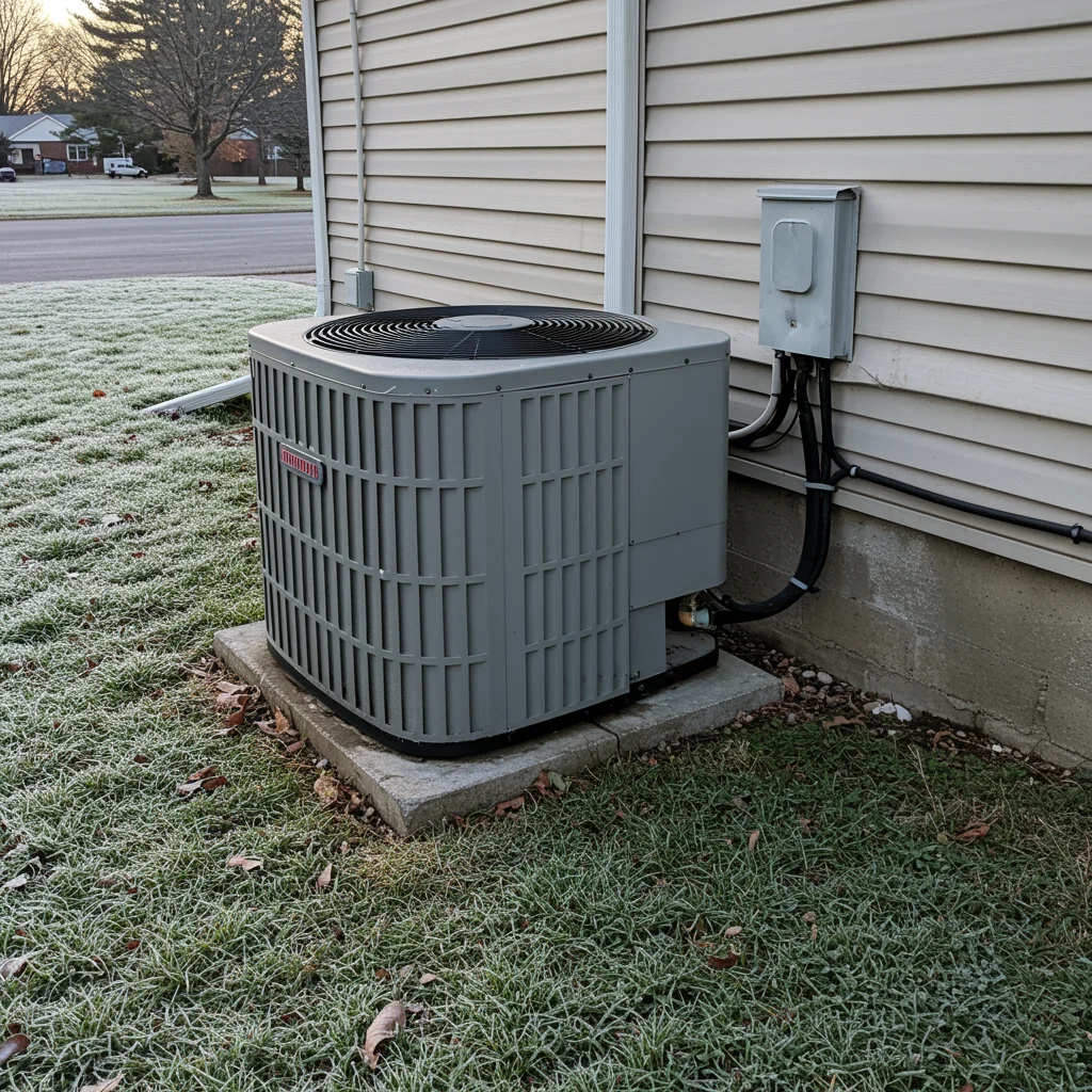 Efficient Heat Pump Installation | Lake Elmo, MN | Priority Heating and Cooling An outdoor heat pump condenser installed beside a vinyl-sided home, set on a concrete pad with an electrical disconnect box and frost-covered grass.