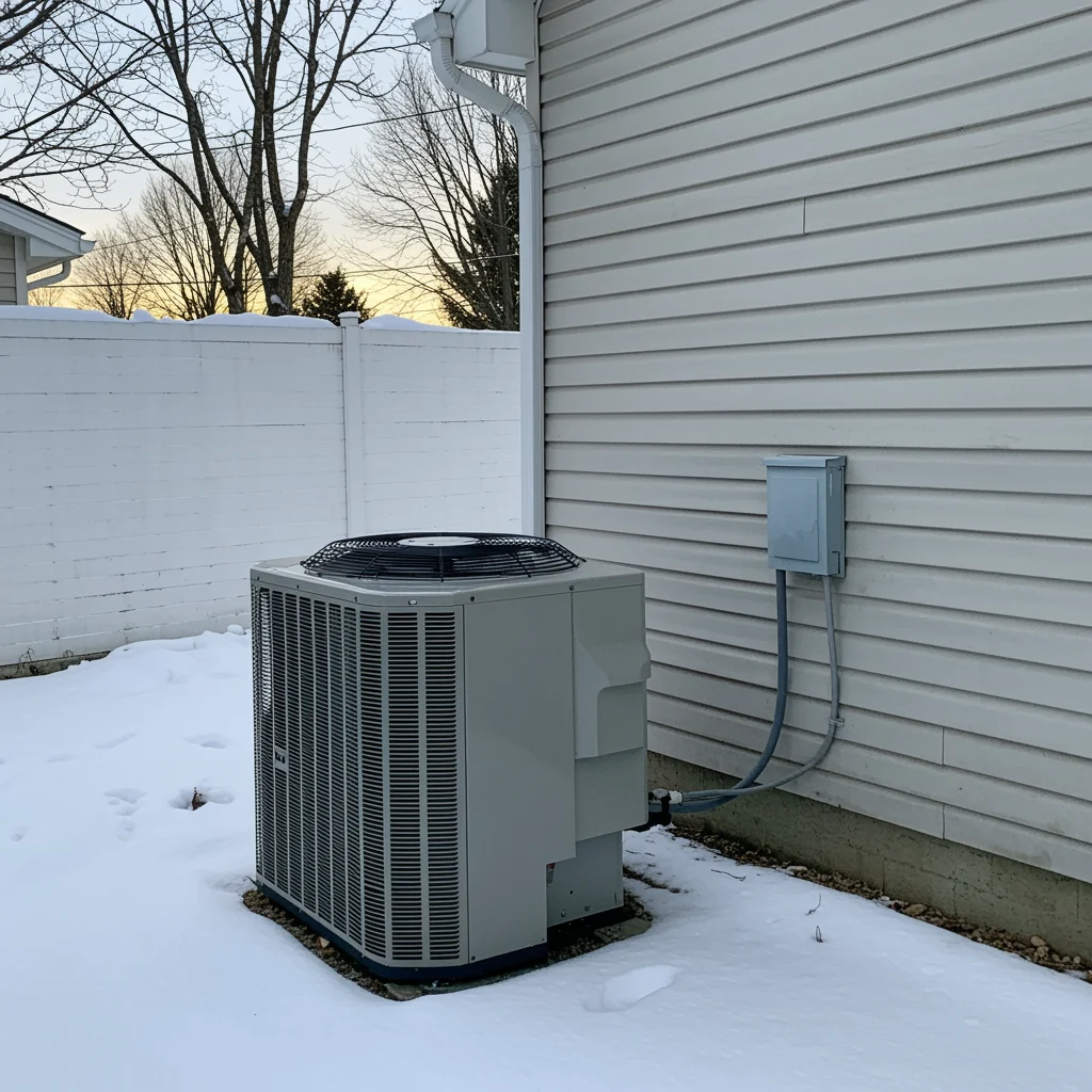 Incredible Heat Pump Installation | Lake Elmo, MN | Priority Heating and Cooling An outdoor heat pump condenser installed beside a vinyl-sided home, surrounded by snow, with an electrical disconnect box mounted on the wall nearby.