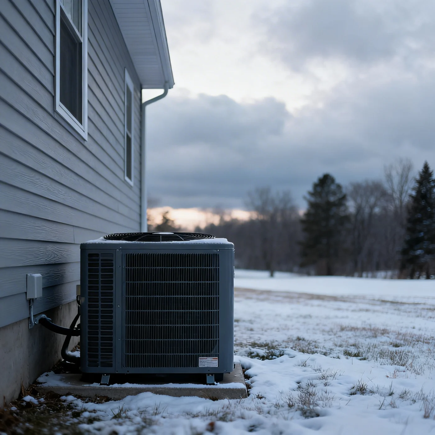 Perfect Heat Pump Installation | Lake Elmo, MN | Priority Heating and Cooling An outdoor heat pump unit installed on a concrete pad beside a gray-sided home, with snow-covered ground and a cloudy winter sky in the background.