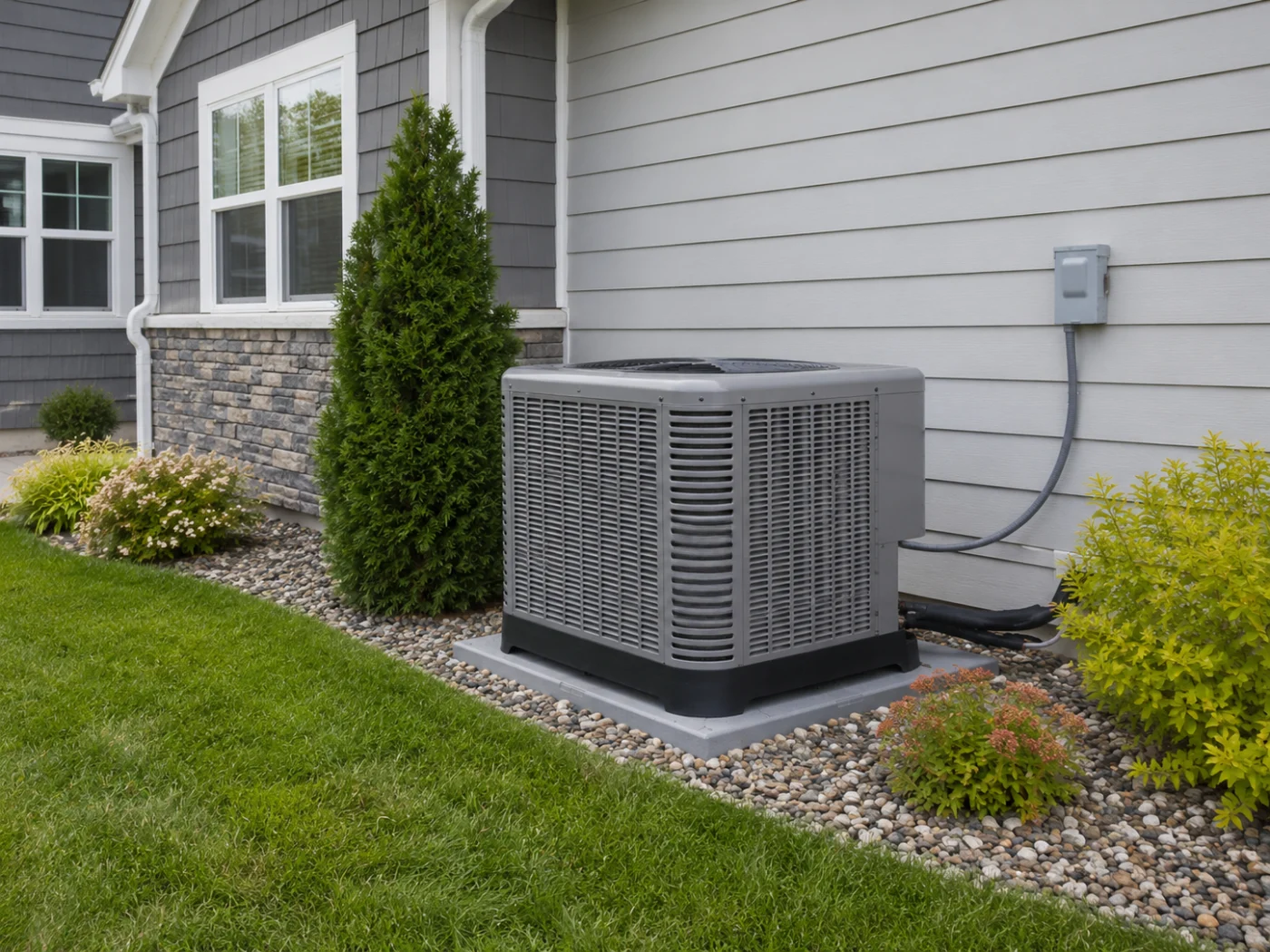 Outdoor air conditioning unit installed beside a gray residential home with stone trim, green lawn, river rock, and shrubs in Stillwater, MN. 
