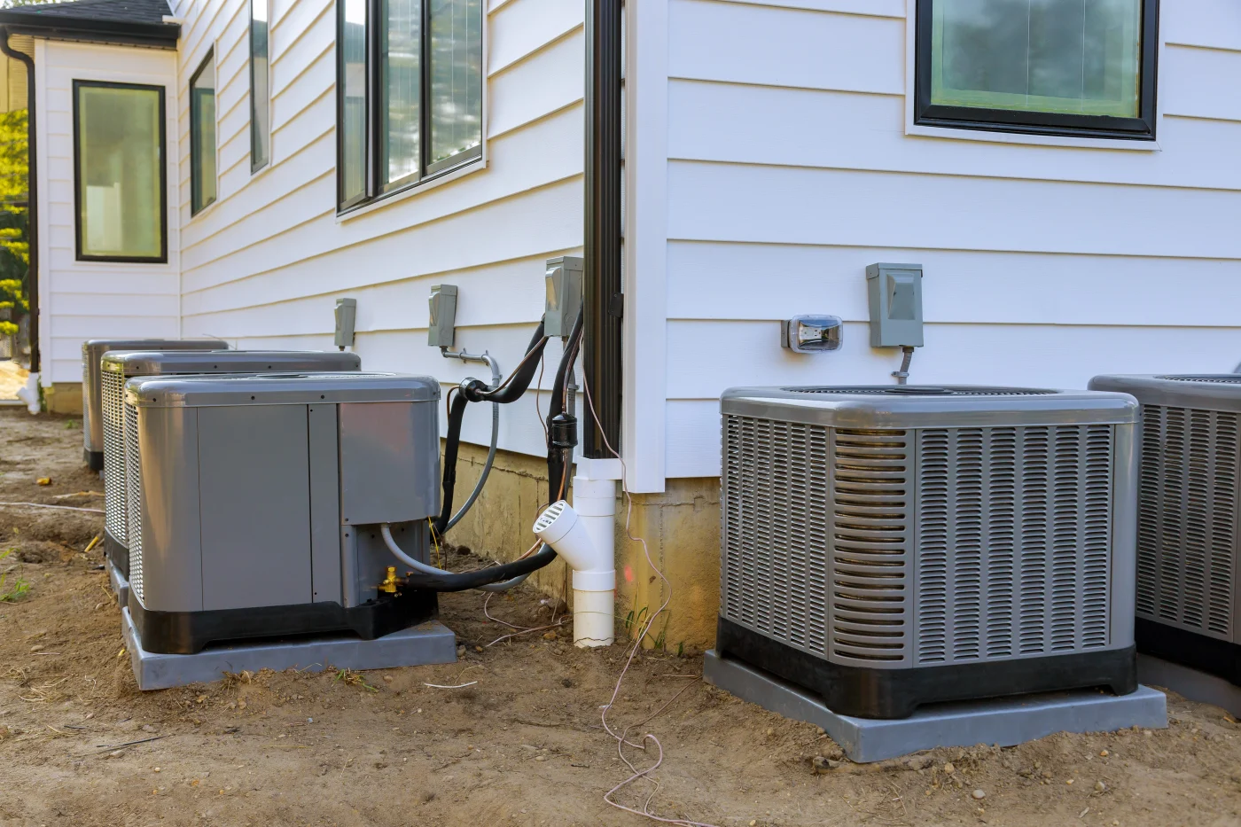 Impeccable AC replacement | Lakeland, MN |Priority Heating and Cooling Multiple outdoor air conditioner condenser units installed in a row beside a white-sided home, each set on pads.