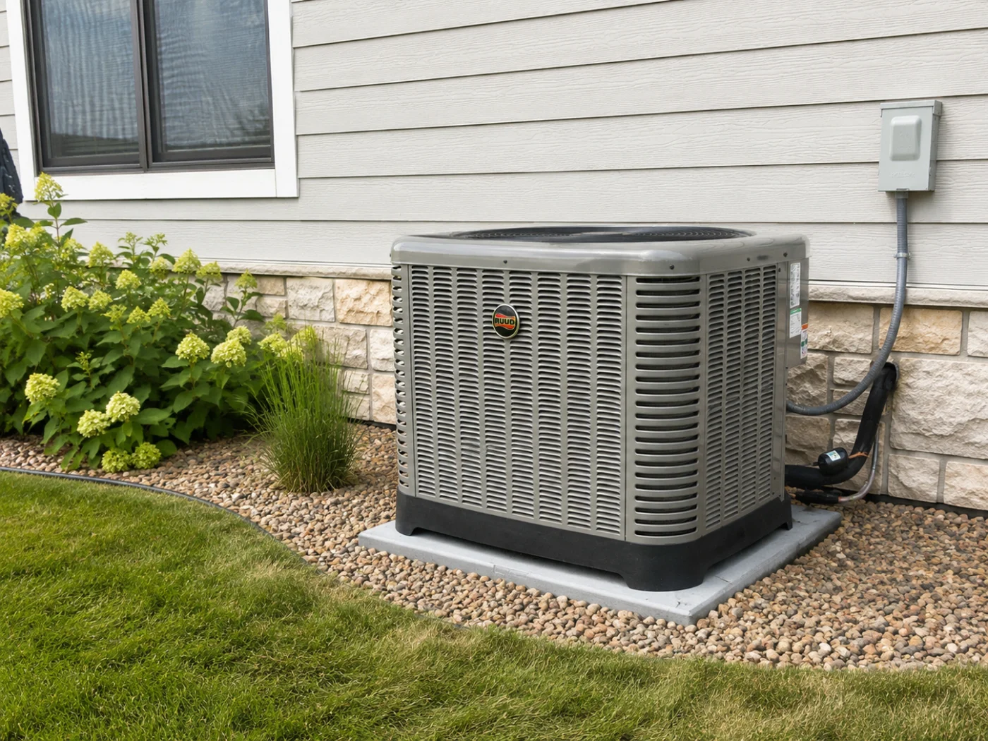 Outdoor air conditioning unit installed beside a residential home with light siding, stone trim, and landscaped shrubs in Stillwater, MN.
