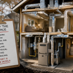 Cutaway home shows furnace, ductwork, airflow, gas line, venting, and testing details behind a Woodbury, MN furnace replacement