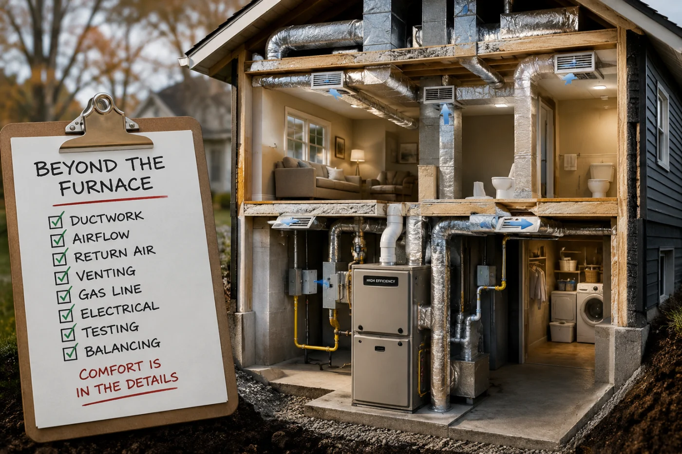 Cutaway home shows furnace, ductwork, airflow, gas line, venting, and testing details behind a Woodbury, MN furnace replacement