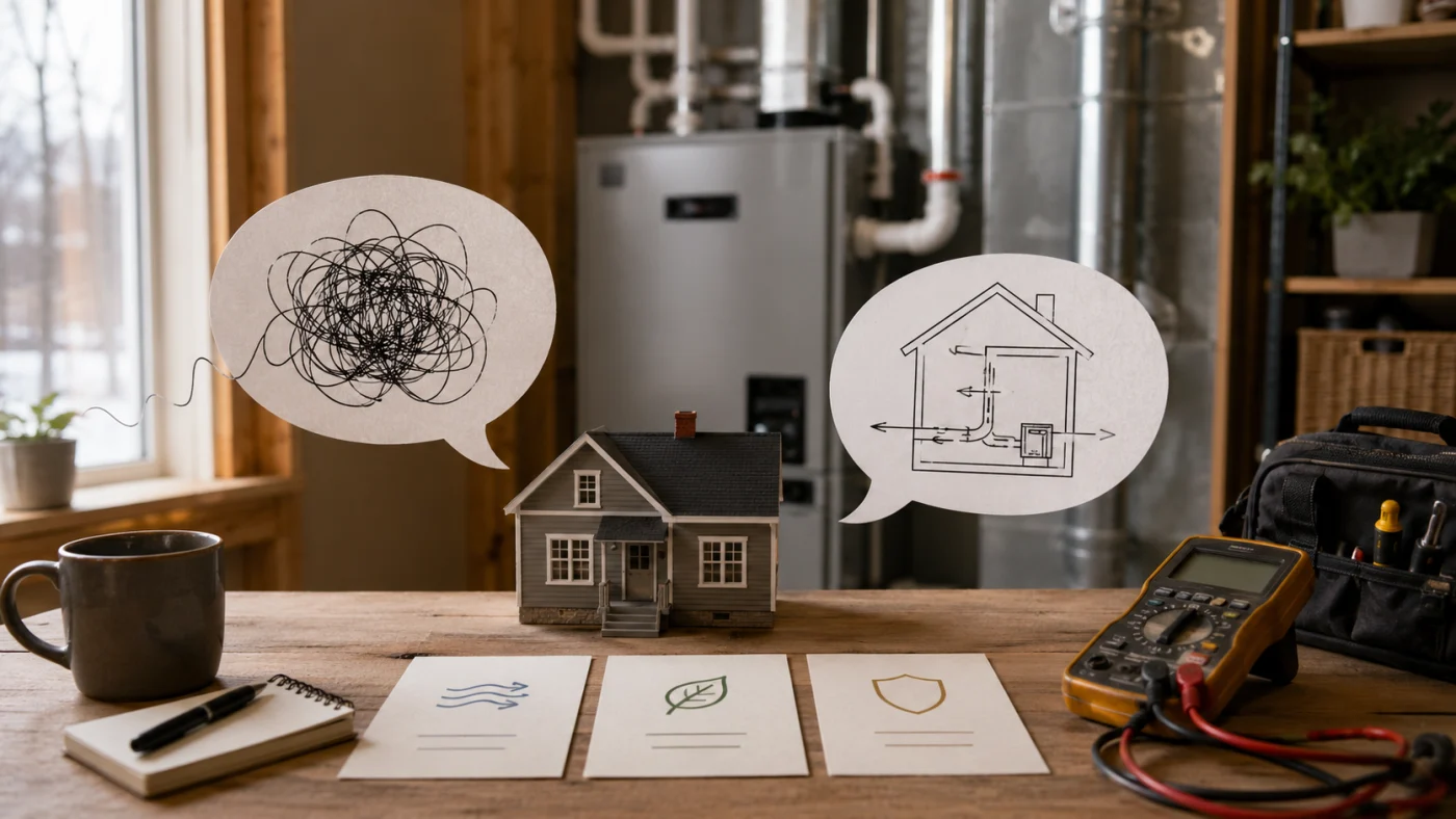 Straight Answer Hvac Contractor East Twin Cities Metro Mn Priority Heating Cooling Miniature home with HVAC diagrams and tools symbolizes clear explanations from Priority Heating & Cooling