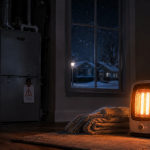 A space heater warms a dark Woodbury, MN home after Priority Heating & Cooling shuts down an unsafe furnace during a repair call.