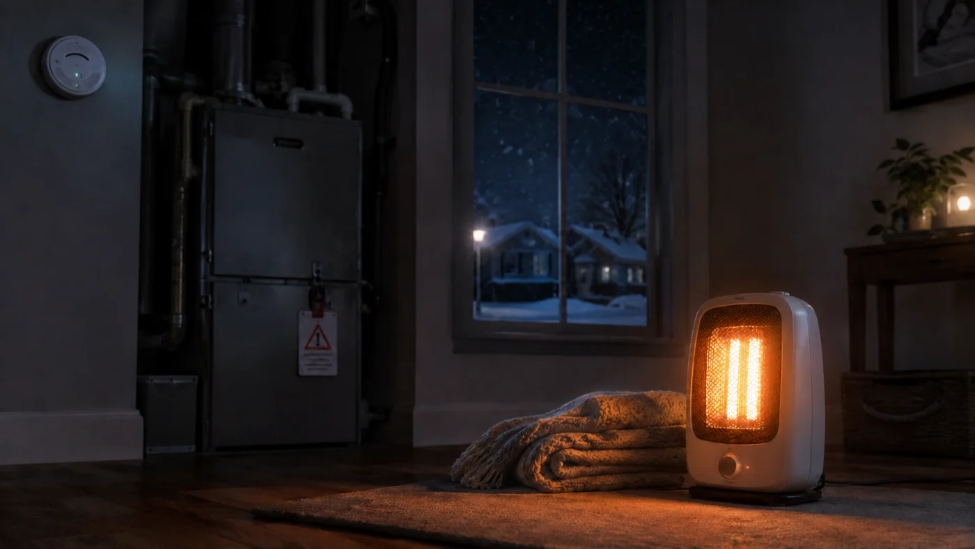A space heater warms a dark Woodbury, MN home after Priority Heating & Cooling shuts down an unsafe furnace during a repair call.