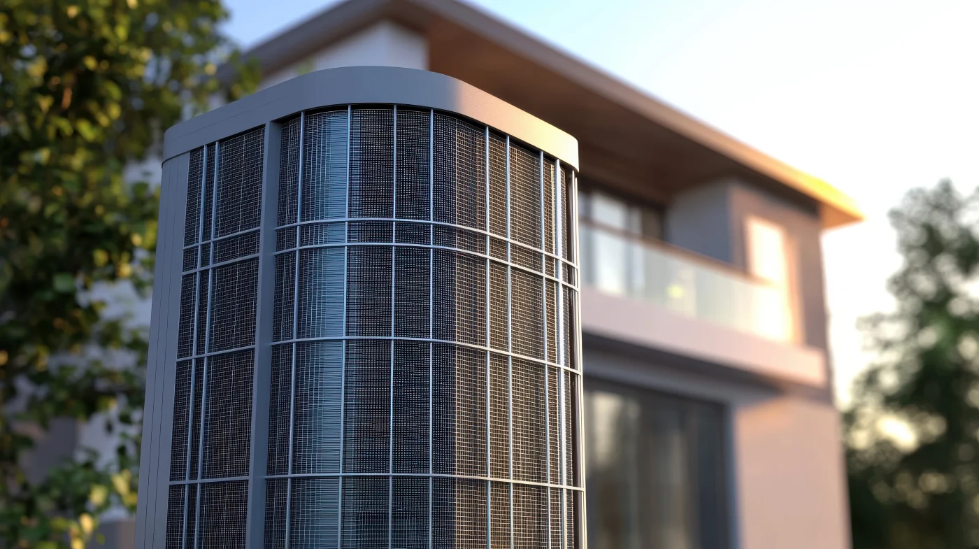 A close-up view of an outdoor AC unit with the house in the background.