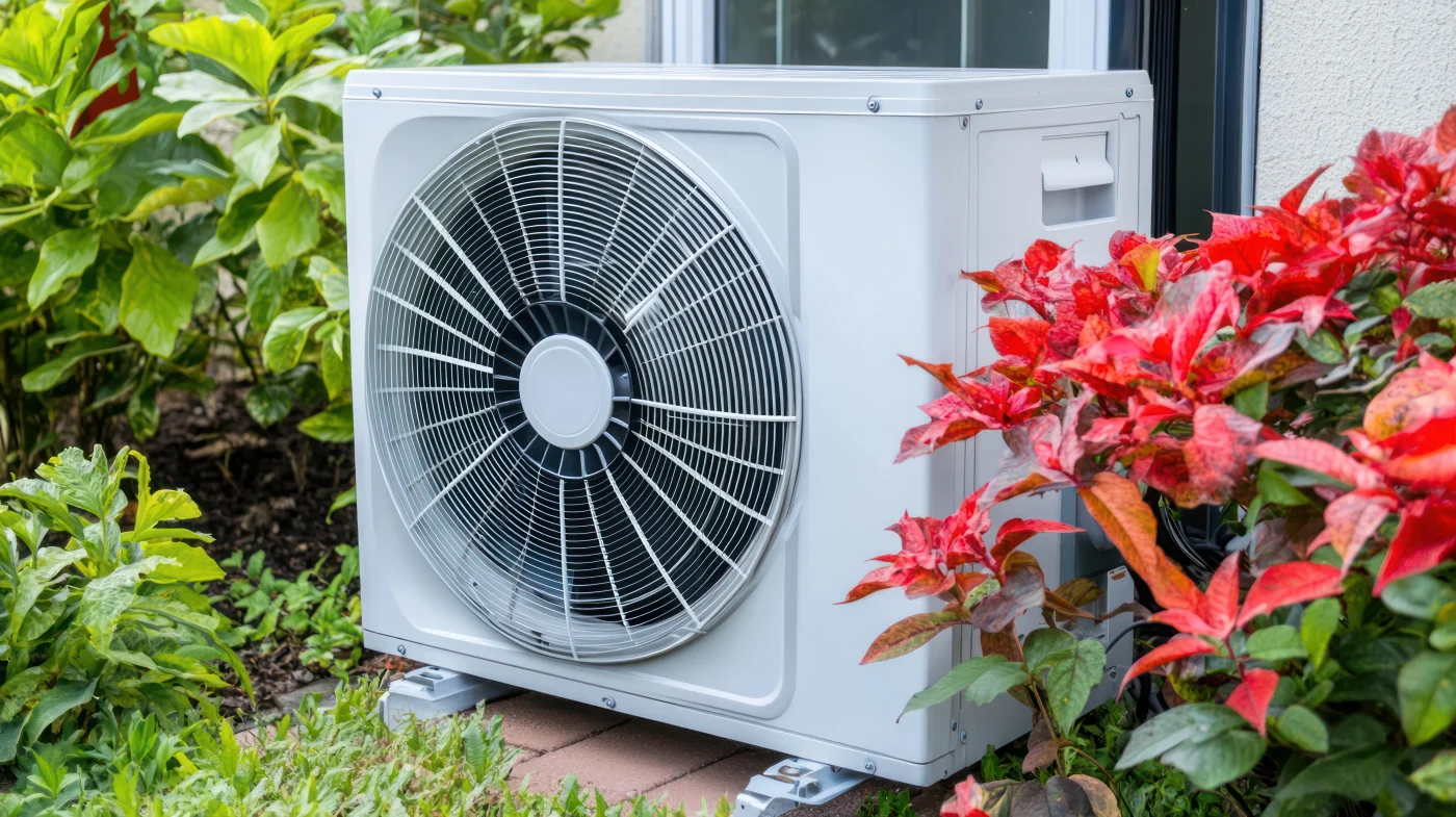 An outdoor AC system installed near a garden.