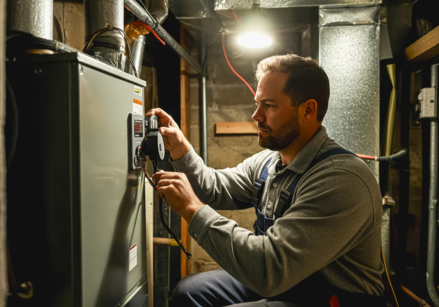 Dependable Furnace Service In Woodbury, MN | Priority Heating and Cooling A trusted technician is working on a furnace located in the basement of a home.