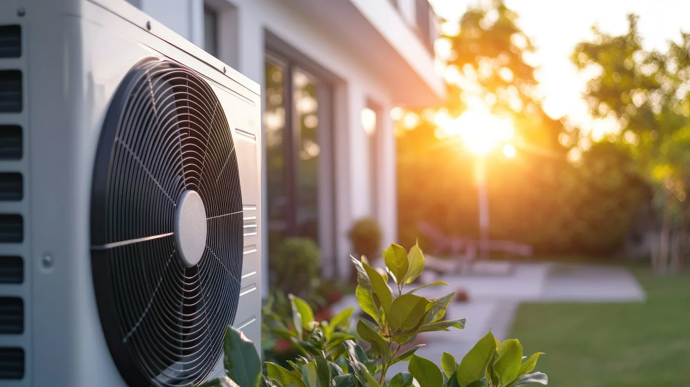 A close-up view of a heat pump system installed on a home.