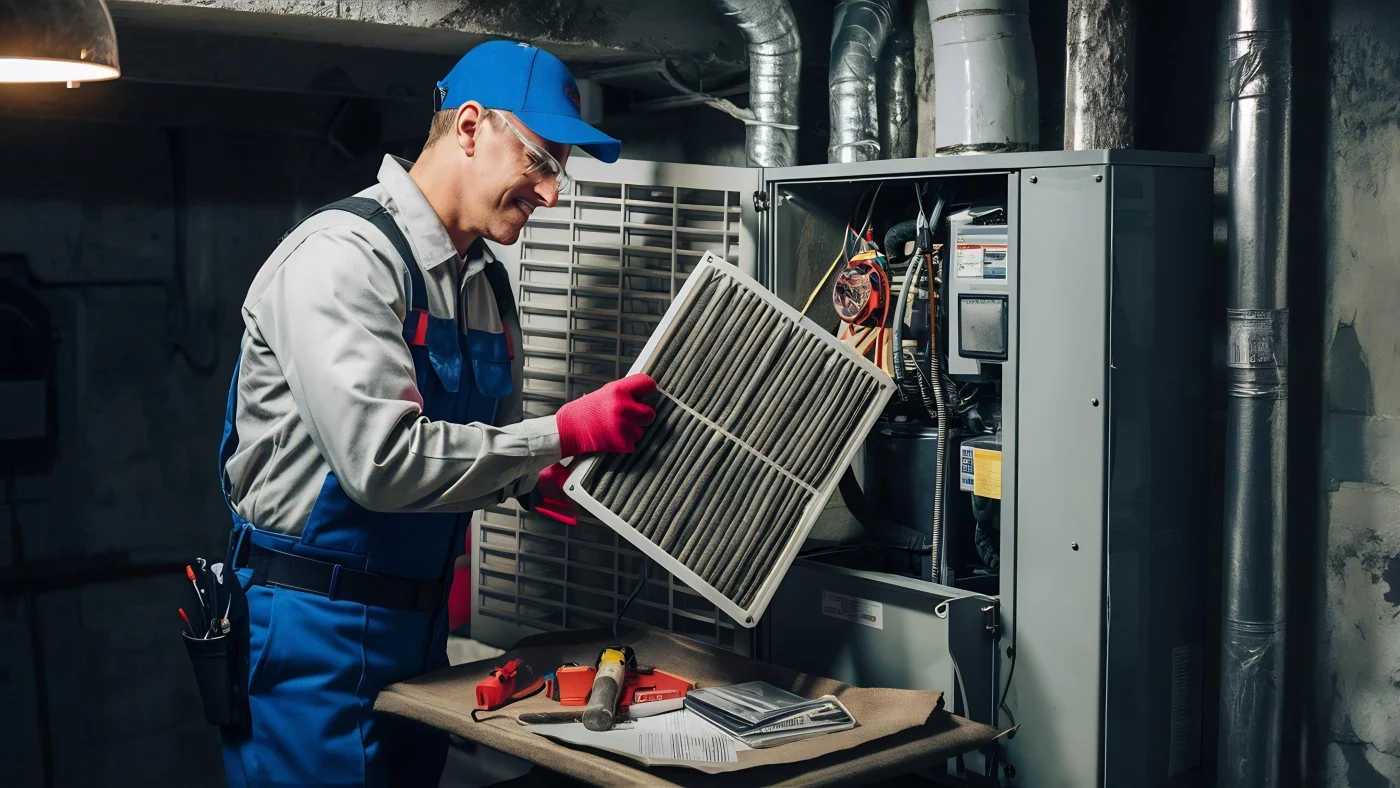 Reliable Furnace Service In Woodbury, MN | Priority Heating and Cooling A tech checking the air filter on a furnace unit during a routine maintenance call.
