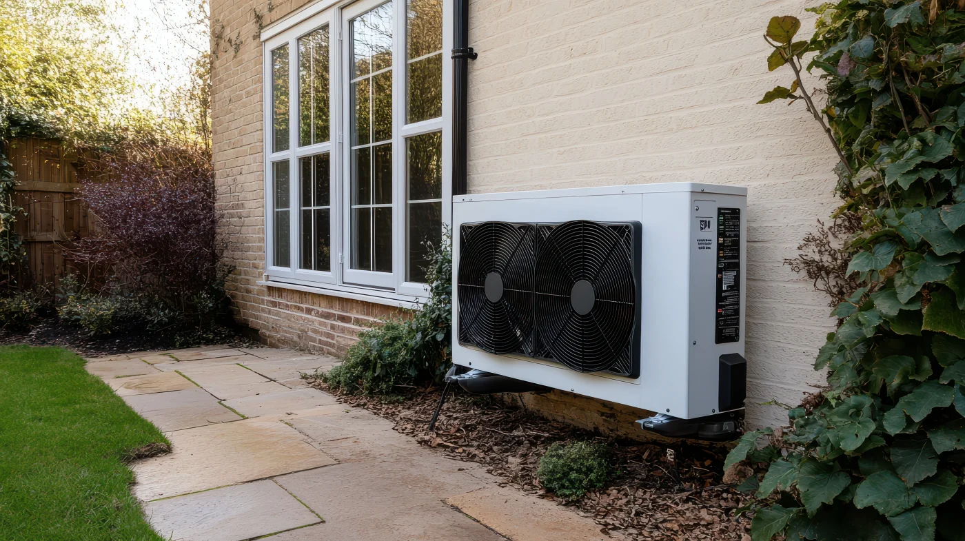 An efficient heat pump system installed outside a home.