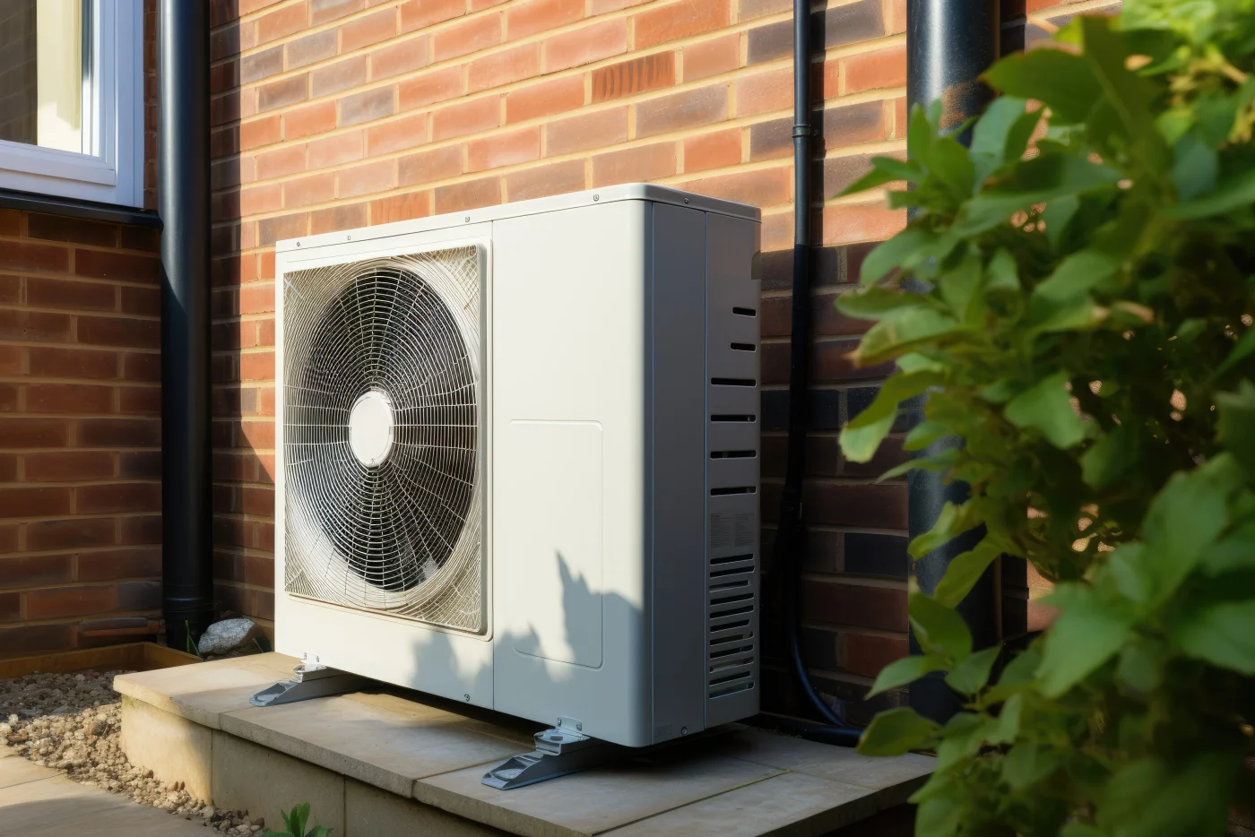 Dependable Heat Pump Installation Replacement In Maplewood, MN | Priority Heating & Cooling The outdoor heat pump unit installed next to a brick house.