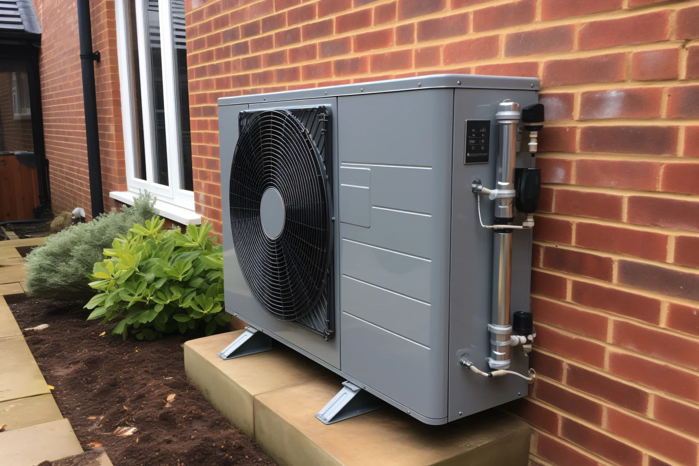 Durable Heat Pump Installation Replacement In Maplewood, MN | Priority Heating & Cooling A brick home with a new black heat pump outdoor unit installed in the back of the house.