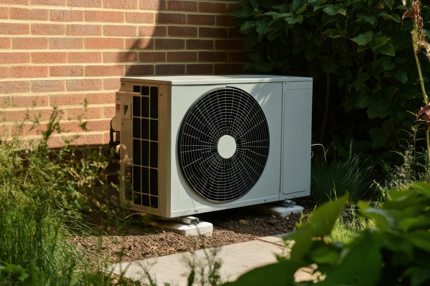 Fantastic Heat Pump Installation Replacement In Maplewood, MN | Priority Heating & Cooling A forced-air heat pump installed outside in the shade next to the house.