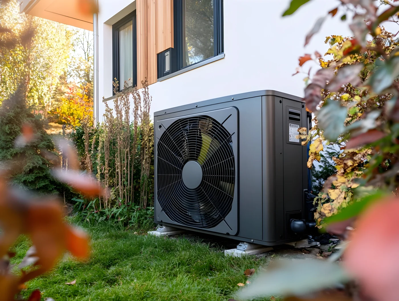 Modern Heat Pump Installation Replacement In Lakeland, MN | Priority Heating & Cooling A black heat pump installed outside a white house.